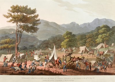 Truppen biwakieren in der Nähe des Dorfes Villa Velha am Abend des 19. Mai 1811, zeigen die verschiedenen Tätigkeiten eines Lagers, 1810-11 von Thomas Staunton St. Clair